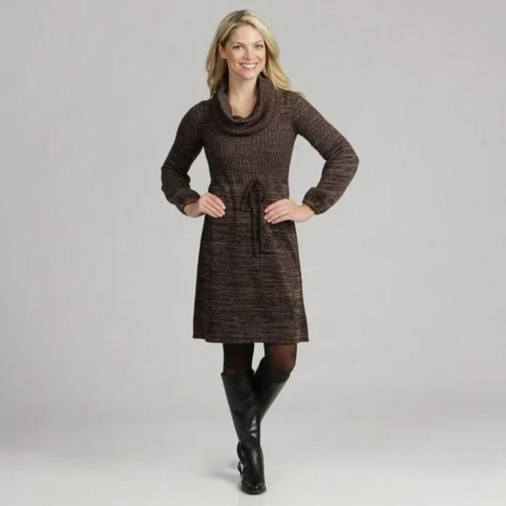 Calvin Klein Brown Tan Black Cowl Neck Turtleneck Fit Flare Knit Sweater Dress M
